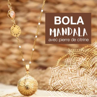 Bola de grossesse Mandala doré, avec citrine solaire et phases de lune réunis dans un même bijou. Un création sur mesure Ma Peste Adorée